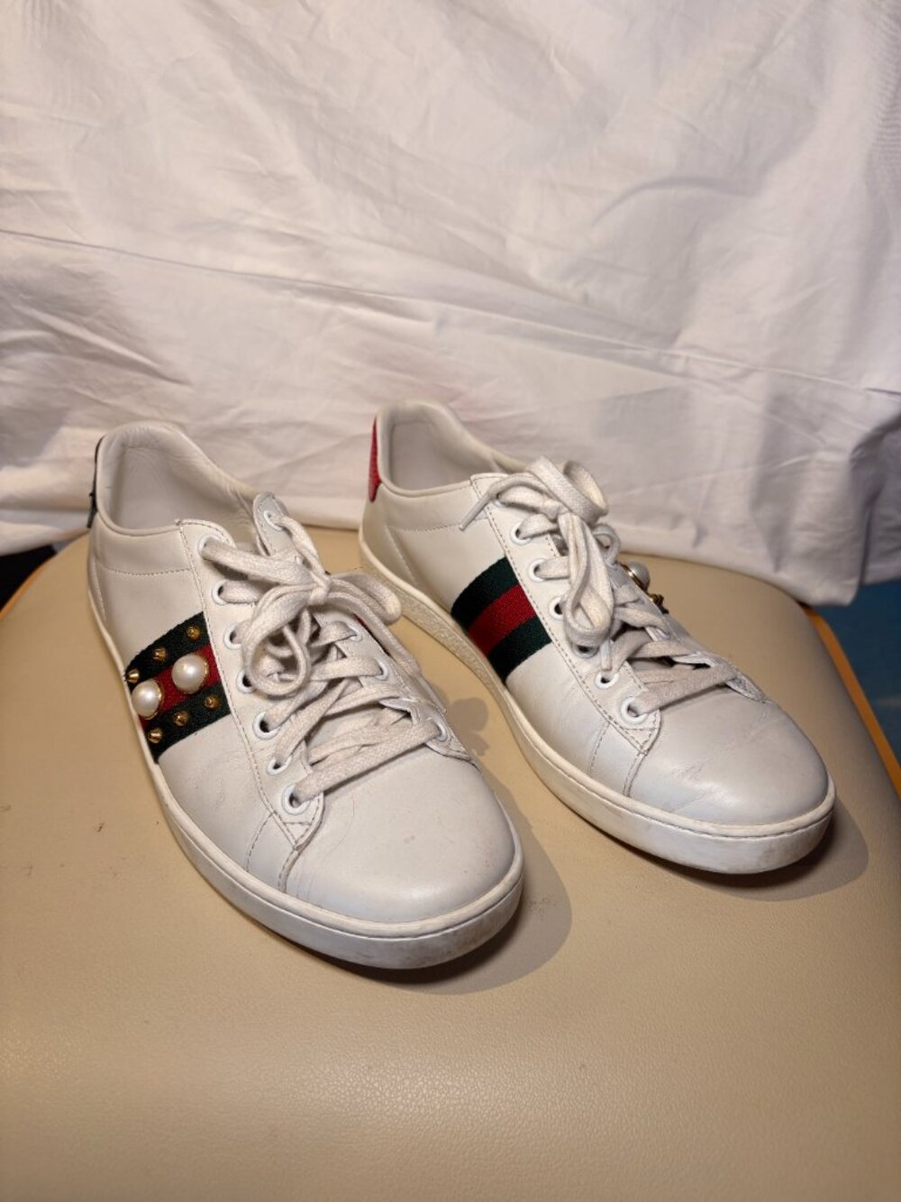 GUCCI Ace Pearl and Studded Sneakers, Sz 39